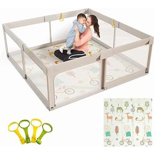 Mloong Baby Playpen with Mat, 59x59 Inches Extra Large Playpen for Babies and Toddlers, Indoor & Outdoor Activity Center, Safety Baby Fence with Gate