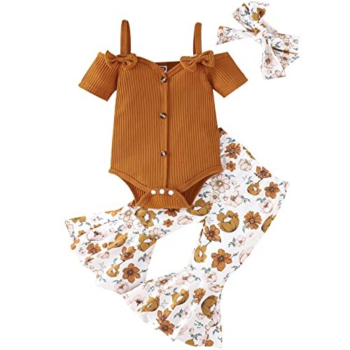 3pcs Toddler Girls Summer Outfits Ribbed Halter Crop Top Romper Bodysuit +Floral Flared Pants+Headband Clothes Set