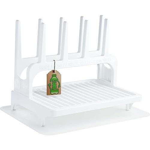 PopYum Glacier White Space Saving Drying Rack from 100% Recycled Bottles with Clear Frosted Silicone Drying Mat, countertop for Baby Bottles, Plastic Bags, Cups, Glass, tumblers, Compact