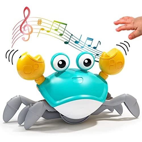 Deejoy Green Crawling Crab Toys with Light Up, Interactive Musical Toy with Automatically Avoid Obstacles, USB Rechargeable, Fun Moving Toy for Babies, Toddlers and Kids