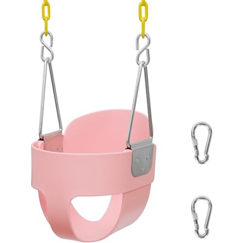 DECORLIFE Toddler Swing - High Back Full Bucket Seat for Ages 1-3, 330lb Capacity, Baby infant Swing Outdoor with Safety Design, Plastic-Coated Chains, Carabiners for Backyard, Playground, Garden-Pink