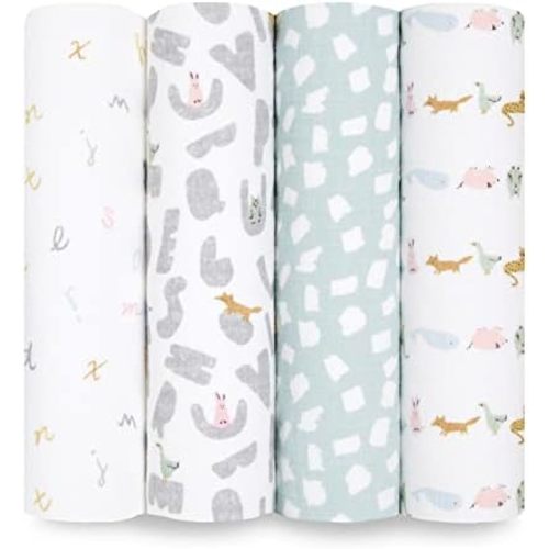 aden + anais Essentials Cotton Muslin Swaddle, Breathable Baby Blanket, Ideal for Boys, Girls, Newborns, Babies & Infants, Receiving Blanket, Soft and Lightweight Wrap, 4 Pack, Alphabet Animals