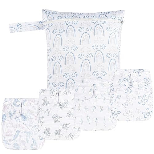 HappyFlute 9 Sets Newborn Baby Cloth Pocket Diapers Adjustable Reusable for Baby Boys and Girls(6-33 pounds,0-3 Years),One Wet Bag+4Diapers and 4Inserts (AD07)