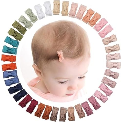 CÉLLOT 40pcs Mini 1.2" Grosgrain Ribbon Snap Clips - Tiny Fine Thin Hair Bows in Pairs for Baby Girls, Toddlers, and Infants