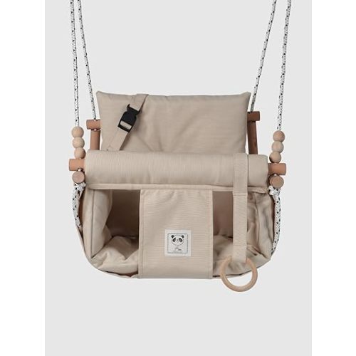 Baby Swing Indoor Outdoor Toddler Swing with Seat Belt Wooden Baby Hanging Swing (Beige)