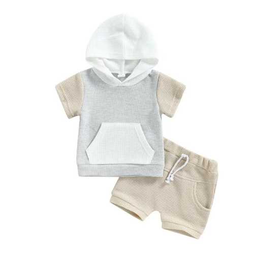 Little Boy Short Sleeve Waffle Hooded 2-Piece Outfit Set – The Trendy Toddlers