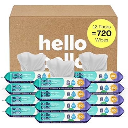 Hello Bello Premium Fragrance-Free Baby Wipes, with Chamomile & Aloe Extracts for Sensitive Skin - 12 Resealable Packs = 720 Total Wipes