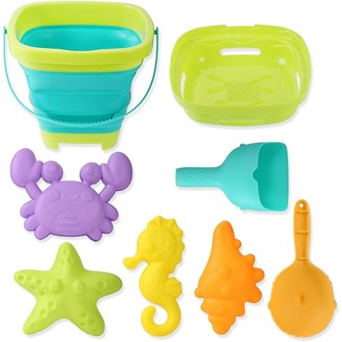 8 PCS Kids Sand Toys Sensory Portable Sandbox Digging Toys Including Bucket, Shovel, Spoon, 2 in 1 Shell Shark Teeth Sifter & Castle Building Sand Mold Kit for Children
