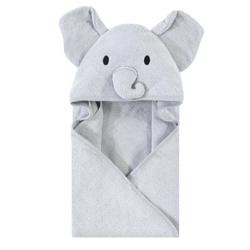 Touched by Nature Baby Unisex Organic Cotton Animal Face Hooded Towels, Gray Elephant, One Size