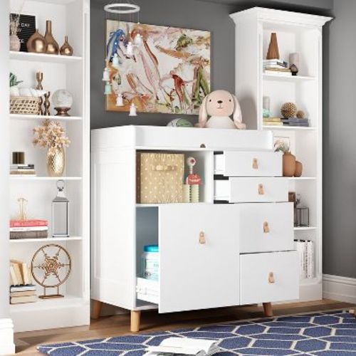 FUFU&GAGA White Baby Changing Table Storage Cabinet Large Operating Table Four Drawers Leather Handles Solid Wood Table Corners Practical and Safe