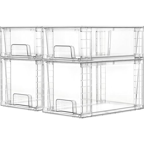Vtopmart 4 Pack Clear Stackable Storage Drawers,Easy to Assemble Bathroom Organizers and Storage with handles,Plastic storage drawers for Kitchen Pantry,Cabinet,Under Sink Organization.