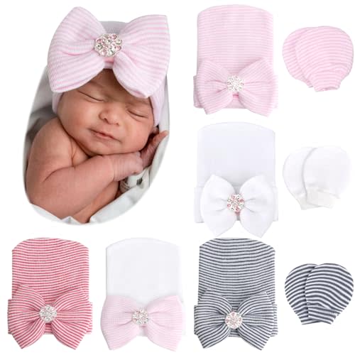 BQUBO Newborn Baby Caps Mittens for Baby Girls Baby Hats Scratch Mitten Gloves Set Soft Hospital Hat Infant Hats with Bow
