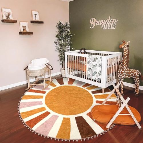 LIVEBOX Sun Round Rug 6ft Large Boho Rug for Living Room, Washable Soft Kids Area Rug Throw Rugs for Classroom, Non-Slip Circle Nursery Rug Round Carpet for Bedroom