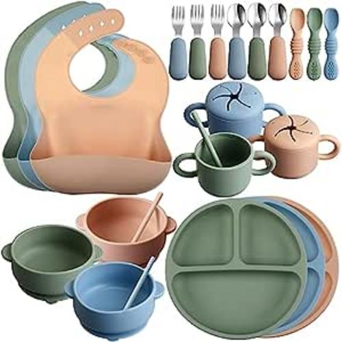 Amazon.com: 24 Pack Silicone Baby Feeding Set Baby Led Weaning Supplies Includes Suction Divided Plates Soft Bowl Spoons Forks Adjustable Bib Snack Cup and Straws for Baby (Dark Green, Dark Blue, Walnut Color) : Baby