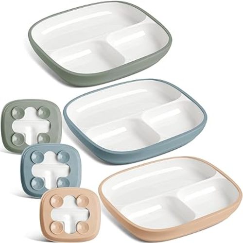 Domensi Kids Porcelain Plates with Silicone Sleeves 8.2 Inch Divided Porcelain Plate Toddler White Suction Dishes for Baby Troubleless Eating Microwave Dishwasher Safe(Stylish,3 Set)