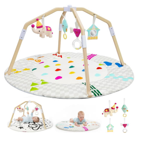 Bella's Friends Circus-Themed Baby Play Gym, 2-Sided High-Contrast Tummy Time Mat with 4 Detachable Sensory Toys, Foldable Wooden Frame Playmat for Stage-Based Development, Baby Essentials Shower Gift