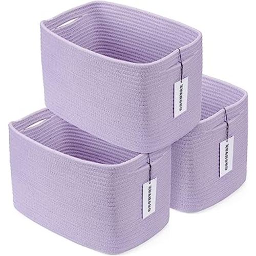Cotton Rope storage Basket Bins Woven Basket for Organizing Shelves Rectangle Decorative Baskets For storage Clothes Toys Books Towels Square Wicker Nursery basket organizer 3 pack purple lavender