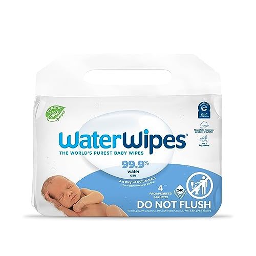 WaterWipes Plastic-Free Original-baby Wipes, 99.9% Water Based Wipes, Unscented & Hypoallergenic for Sensitive Skin, 240 Count (4 packs), Packaging May Vary