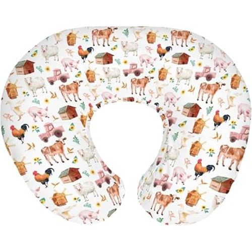 Watercolor Farm Animals Baby Nursing Pillow Covers for Boy Girl Cow Duck Pig Rooster Lamb Barn Truck Sunflowers Nursery Pillowcase for Breastfeeding Pillows Farm Life Soft Stretchy Slipcover Infant