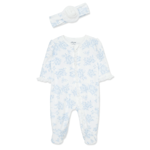 Blue Roses 2-Way-Zip Footed One-Piece And Hat
