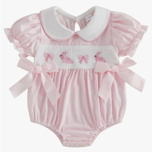 Adobabirl My First Easter Baby Girl Outfit Bunny Embroidery Bubble Romper Short Sleeve Bow Jumpsuit Smocked Clothes