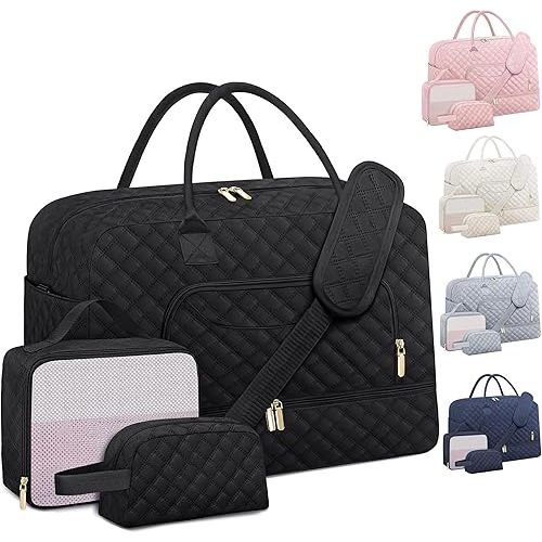 Extra Large Travel Duffel Bag, Weekender Bags for Women with Shoe Compartment, Personal Item Travel Bag with Wet Pocket for Carry On Overnight, Gym, Airplanes and Hospital Bag Black