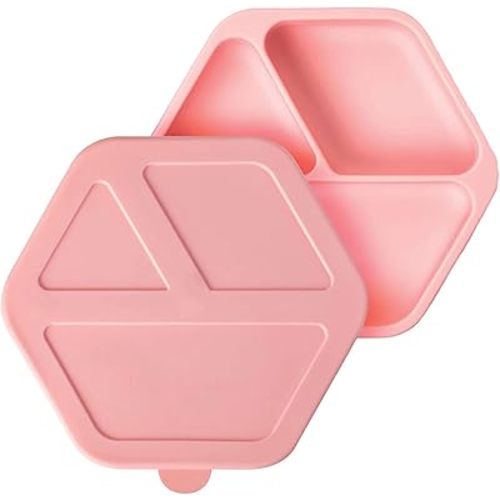 Tiny Twinkle Silicone Suction Baby Plate, Suction Grip Divided Dish for First Foods and Self-Feeding Toddlers, Baby Led Weaning Supplies for Independent Eating (Rose Plate with Lid)
