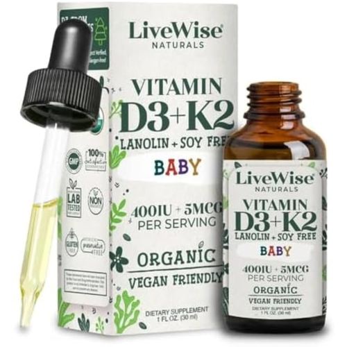 LiveWise Naturals – Baby D3-K2 Liquid Drops, Promotes Brain Development, Bone Health, and Overall Wellness for Kids and Toddlers, Glass Bottles and Droppers, D3 Sourced from Pine Trees