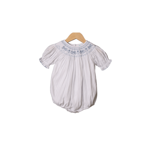 Smocked Heirloom Blue Bow White Linen Bubble