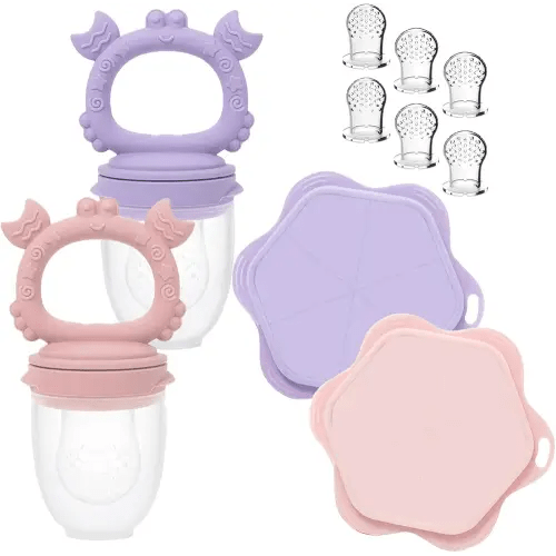 Ginbear Baby Fruit Food Feeder & Popsicle Molds Combo Set of 2 for Teething Relief with 6 Extra Pouches, Mesh Silicone Feeders for Babies 4 Months+ (Baby Pink + Lilac)