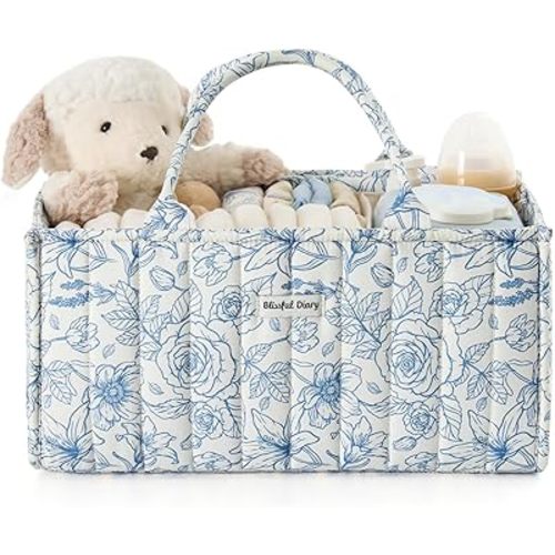 Blissful Diary Floral Diaper Caddy Organizer, Stylish Nursery Storage Basket - Gift for Baby Shower, Baby Registry Must Have, Newborn Essentials - Baby Caddy Organizer - Vintage Rose