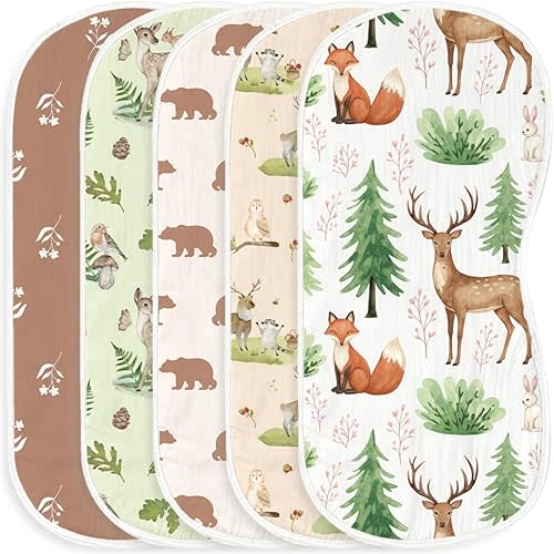 5pcs Woodland Baby Burp Cloths for Boys Girls Parent,100% Cotton Forest Animal Themed Muslin Burping Cloths,Burp Rags,Absorbent Spit-Up Cloths for Infant Newborns