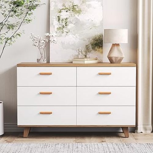 Angel Sar 6 Drawer White Wide Dresser, Wood Storage Organizer , Modern Drawer Chest for Nursery, Living Room, Hallway, Kids Bedroom, White