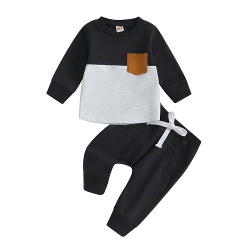 Toddler Baby Boy Outfits Long Sleeve Pocket Pull On Sweatshirt Solid Pants Infant Fall Winter Clothes Set