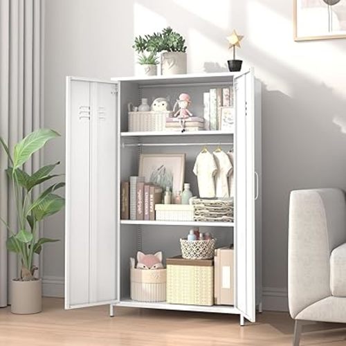 2 Door 51.3" Metal Locker Storage Cabinet, Kids Locker Changing Room, Steel Kids Wardrobe with 2 Adjustable Shelves and Hanging, Steel File Cabinet Organizer for School Gym Home Office