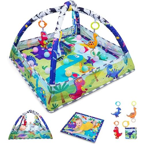 Dinosaur Baby Play Mat Activity Gym, Oversize Tummy Time Play Mat for Babies 0-6 6-12 Months, with 5 Infant Sensory Baby Toys, Newborn Baby Toys Gift for Toddler 0-3-6-9-12 Months