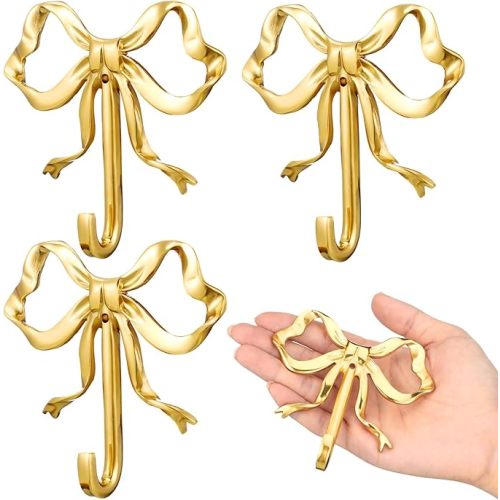 4 Pcs Gold Bow Knot Hooks Brass Bow Wall Door Hanger Towel Hooks Brass Coat Hanger Decorative Holder for Wedding Bathroom Living Room Kitchen Decor (L)