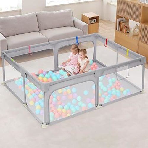 Dripex Baby Playpen, 71"×47" Play Pens for Babies and Toddlers, Safe Anti-Fall Play Yard with Gates, Baby Fence with Breathable Mesh, Indoor & Outdoor Kids Activity Center, Ash Grey