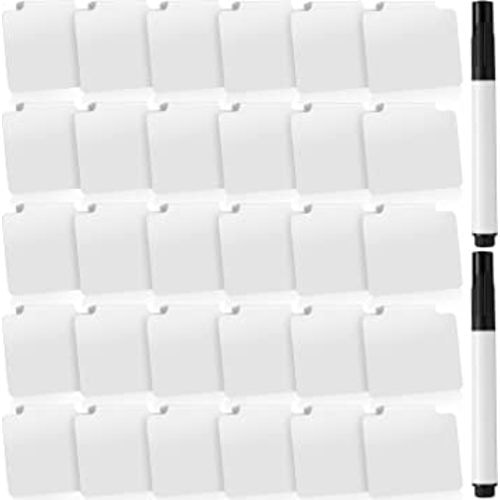 32 Pieces Basket Labels Clip Set, Include 30 Pieces Kitchen Clip Label Holder Removable PVC Bin with 2 Pieces Chalk Marker for Basket Pantry Organization Box (White, Black Pen)