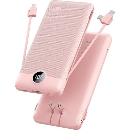 VRURC Portable Charger Built-in Cables and AC Wall Plug, USB C Power Bank 10000mAh, Travel Essentials Phone Charger Compact Lightweight External Battery Pack for Smart Phones, Tablets etc-Pink