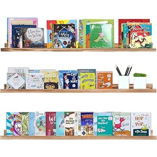 AZSKY Picture Ledge Shelf Wall Ledge Floating Shelves for Photo Frames Kids Book Shelves Wall Mounted Burnt Wall Display Shelf 48 in a Set of 3 Bathroom Organizer Shelves