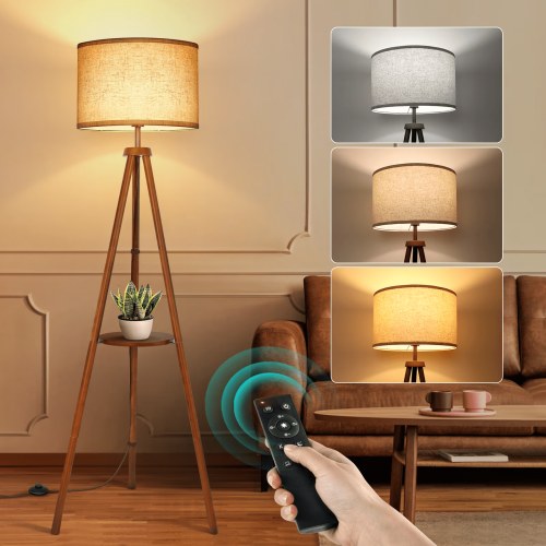 Outon, Wood Tripod Floor Lamp, 63 inches, Dimmable with Remote