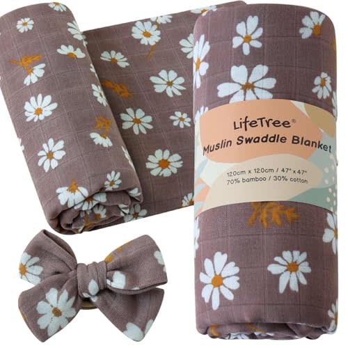 LifeTree Baby Muslin Swaddle Blankets for Girls, Newborn Swaddle Set with Matching Headband Bow, Infant Receiving Blanket Wrap, 47 x 47 inches, Mauve Daisy, 70% Viscose from Bamboo and 30% Cotton