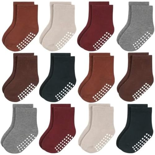 JAKIDAR 12 Pack Baby Toddler Socks Non Slip Grip Cotton Crew Socks for Boys Girls Infants Kids