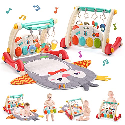 CUTE STONE Baby Gym Play Mat & Learning Walker, Activity Mat with Play Piano, Musical Activity Center with Lights, Baby Push Walkers & Tummy Time Mat for Infant Newborn Toddlers