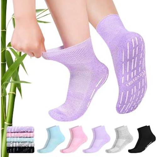 Revosoxs Diabetic Socks with Grippers for Men Women,5 Pairs Non Binding Bamboo Diabetic Ankle Socks Size 7-9 9-11