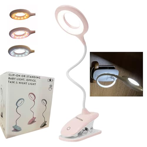 CAYCON Portable LED Clip On Night Light for Babies, Kids & Adults – Dimmable, USB Rechargeable, 3-Colors for Nursery, Desk, Crib, Diapers, Reading, Feeding, Bedroom, Office, Task, Music, Travel, Gift