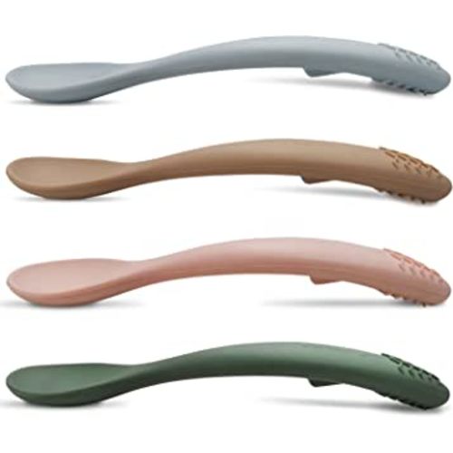 Silicone Baby Feeding Spoons 4 Pack, TotAha Ergonomic Self-feeding with Teether Toddler Utensils, Soft-Tip Infant Spoons, Curved Upwards & Wide Handle, Easy to Grip & Hold for First Stage Baby