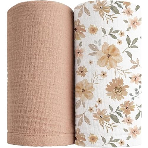 Konssy 2 Pack Muslin Swaddle Blankets for Baby Boys Girls, Receiving Blanket Large 47 x 47 inches, Soft Breathable Muslin Baby Blanket for Unisex Newborn(Flourish, Toffee)