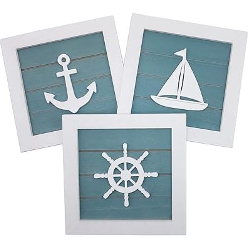 CSWLJS Nautical Theme Wall Decor Set of 3 7x7 in Rustic Beach Decor 3D Anchor Sailboat and Ship Wheel Wooden Beach Bathroom Decor Ocean Coastal Theme Decor for Lake House Home Room Nautical Gifts